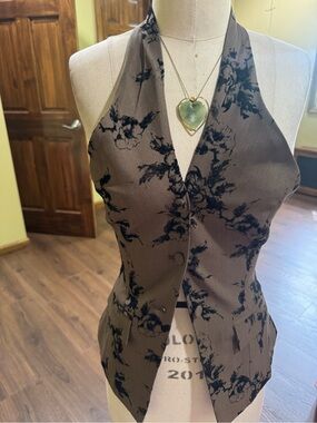 Reformation Brown Halter Button-Down Vest with Black Floral Print